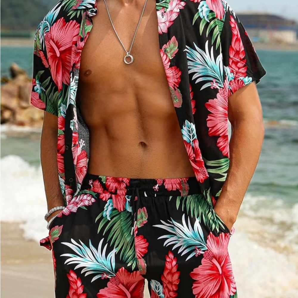 EISHOPEER‎ Unisex Flower Hawaiian Set Casual Short Sleeve Shirt and Shorts Small